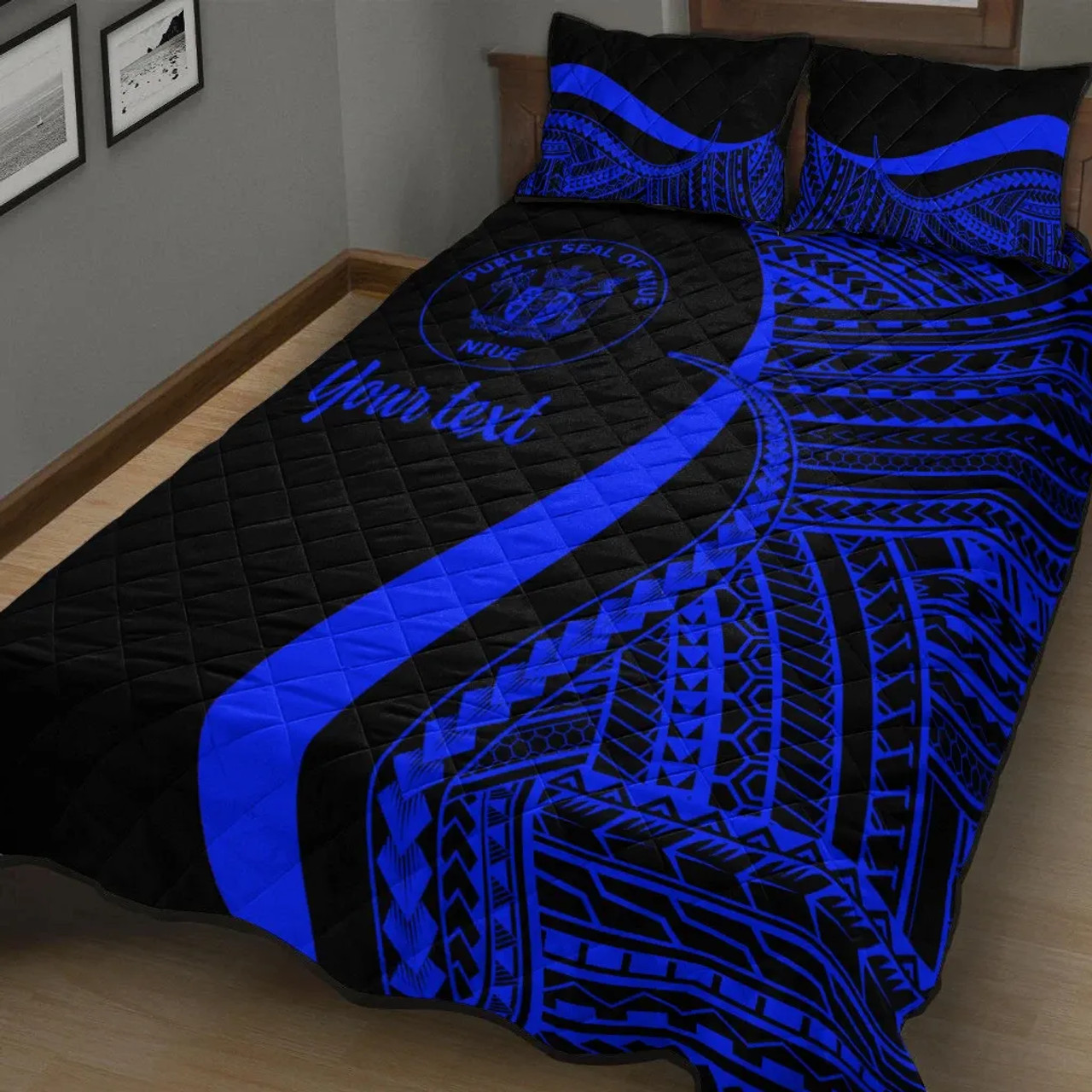 Niue Custom Personalised Quilt Bet Set - Blue Polynesian Tentacle Tribal Pattern 2