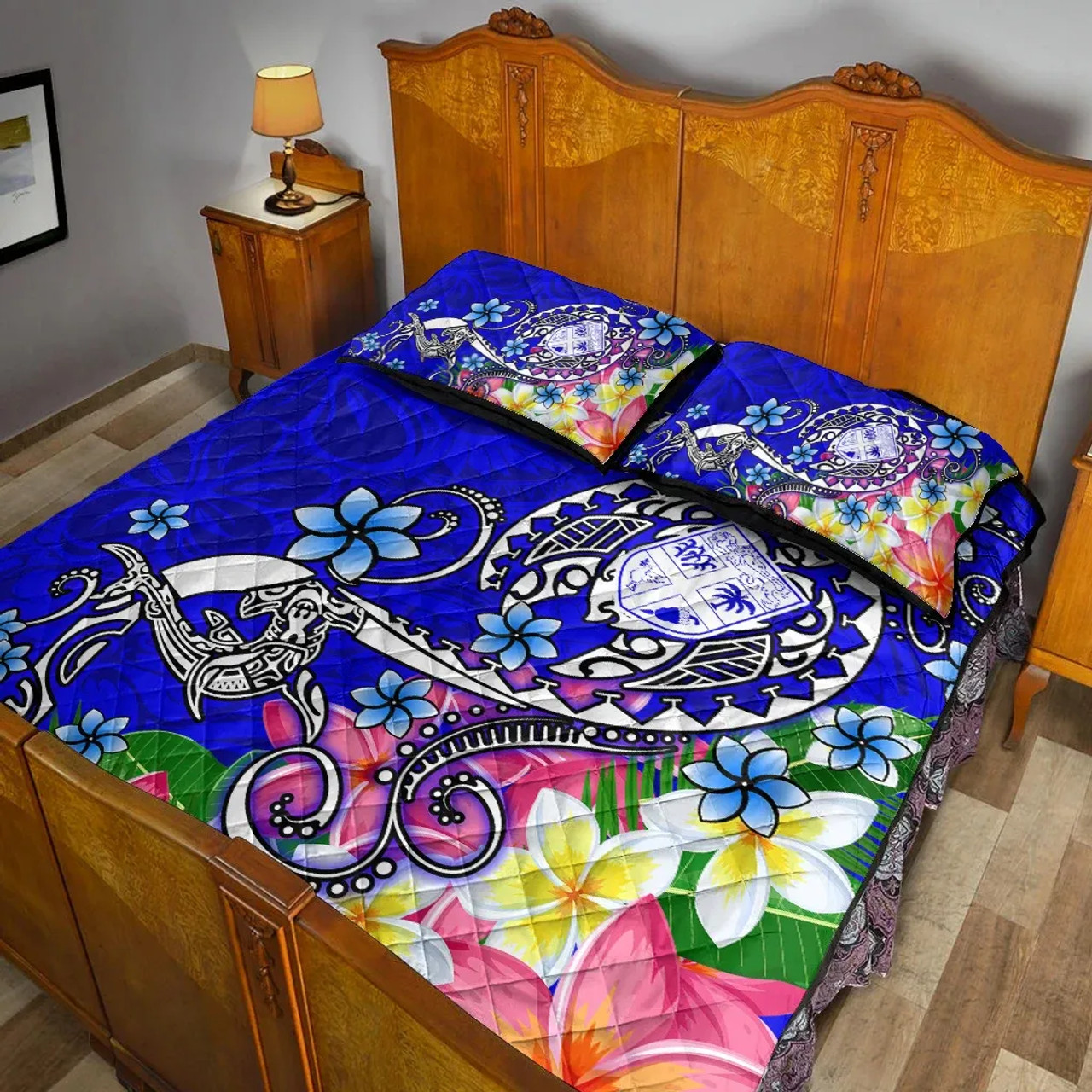 Fiji Custom Personalised Quilt Bed Set - Turtle Plumeria (Blue) 2
