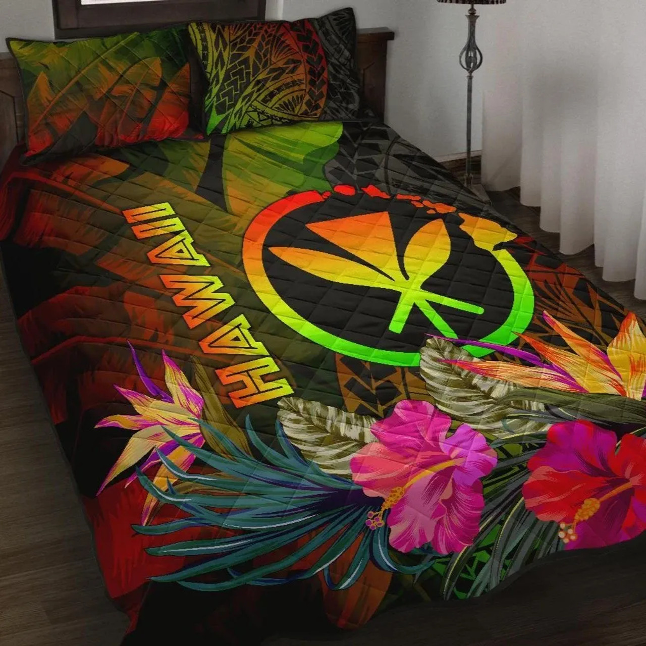 Polynesian Hawaii Kanaka Maoli Polynesian Quilt Bed Set - Hibiscus and Banana Leaves 1