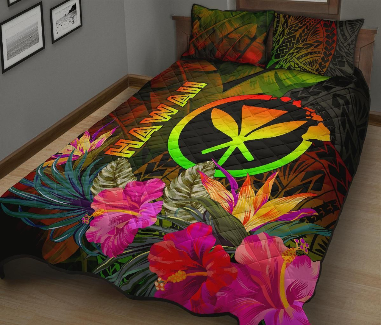 Polynesian Hawaii Kanaka Maoli Polynesian Quilt Bed Set - Hibiscus and Banana Leaves 2