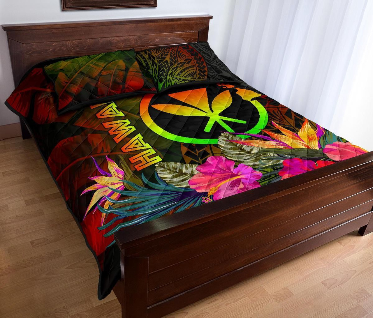 Polynesian Hawaii Kanaka Maoli Polynesian Quilt Bed Set - Hibiscus and Banana Leaves 3