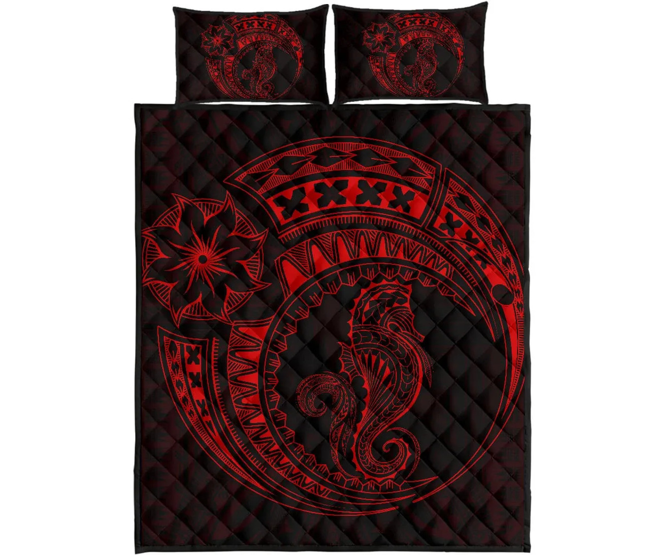 Polynesian Quilt Bed Set - Polynesian Red Seahorse Tattoo