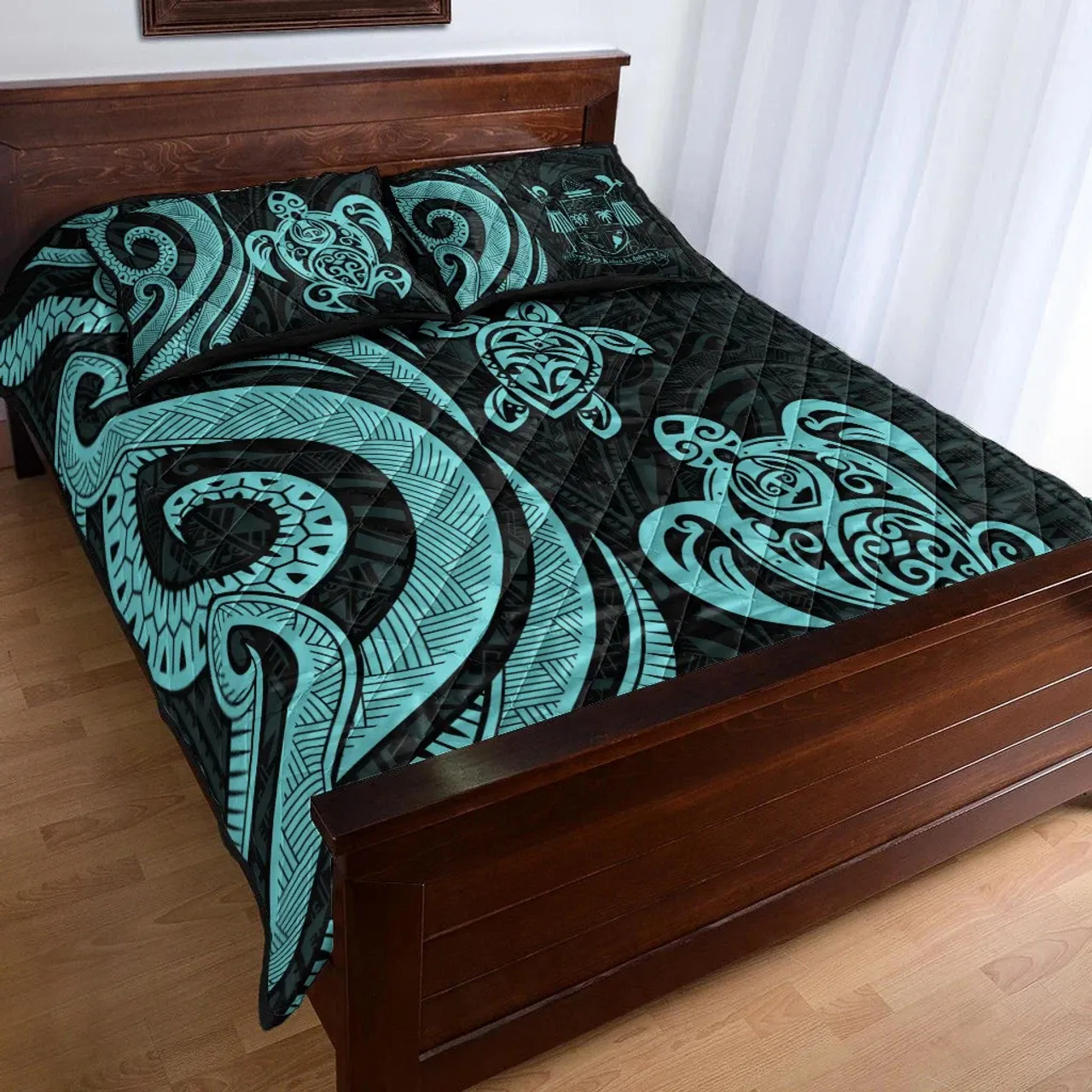 Fiji Quilt Bed Set - Turquoise Tentacle Turtle Crest 4