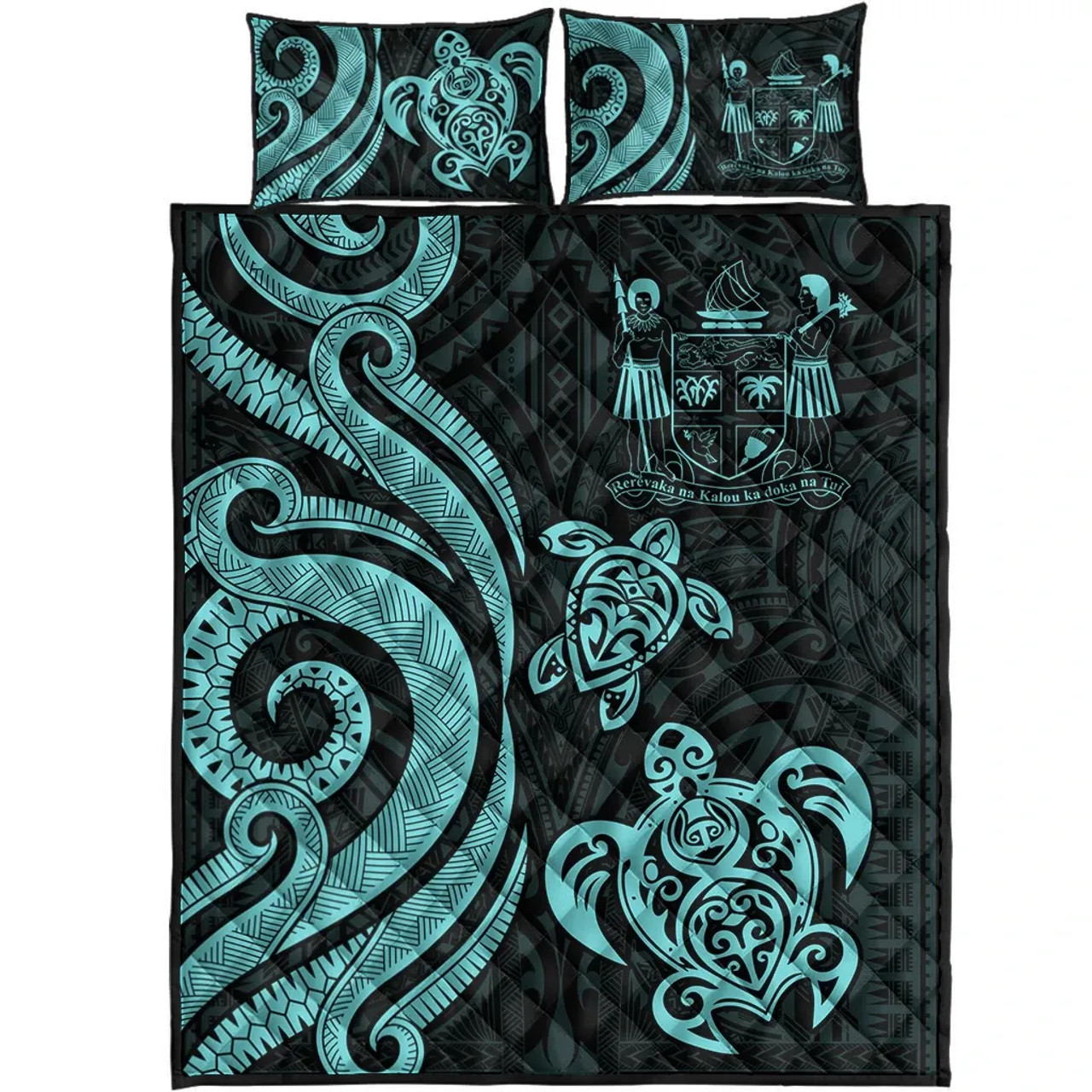Fiji Quilt Bed Set - Turquoise Tentacle Turtle Crest 5
