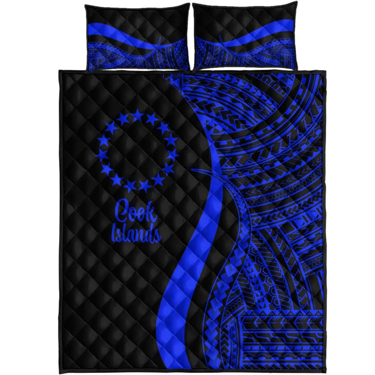 Cook Islands Quilt Bet Set - Blue Polynesian Tentacle Tribal Pattern 5
