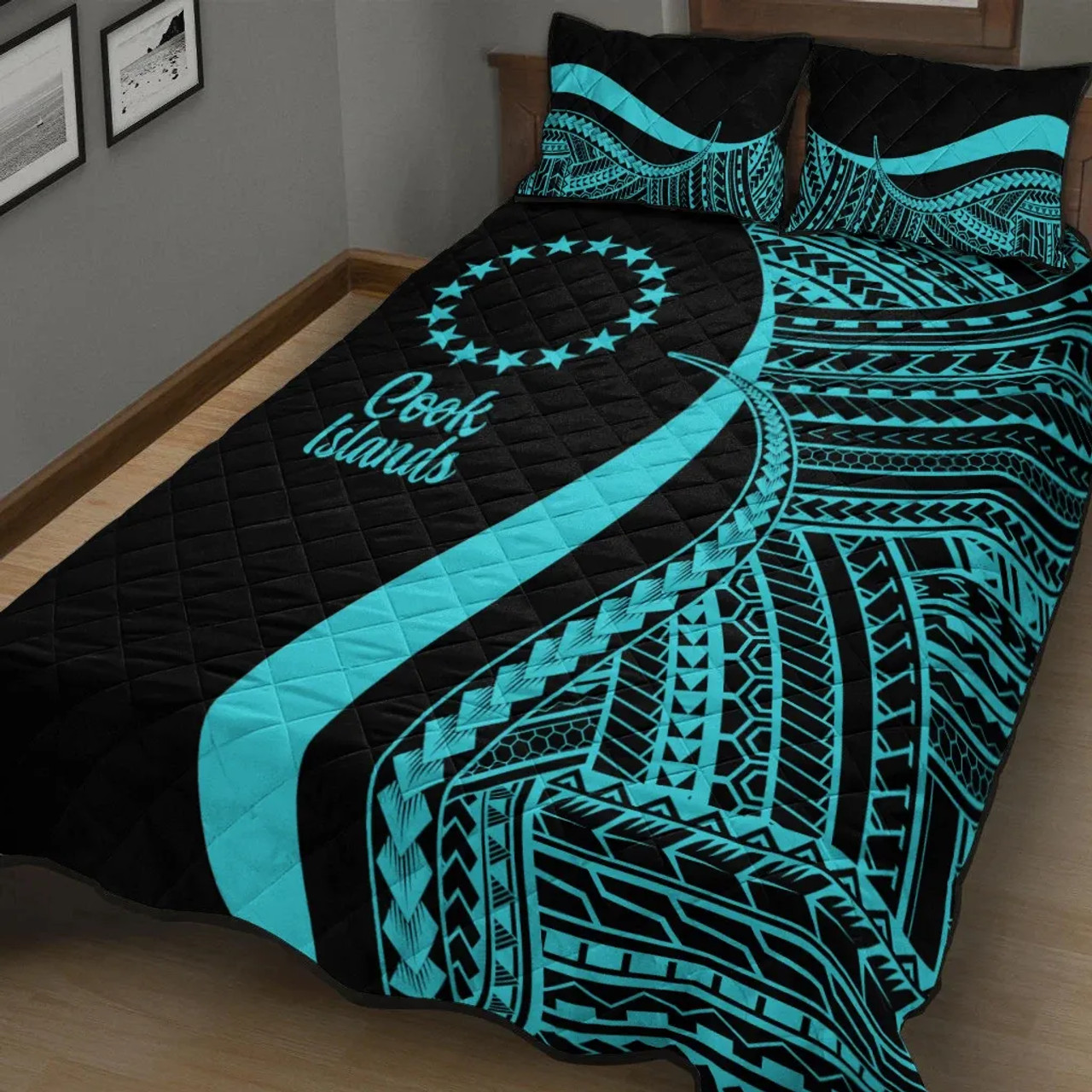 Cook Islands Quilt Bet Set - Turquoise Polynesian Tentacle Tribal Pattern 2