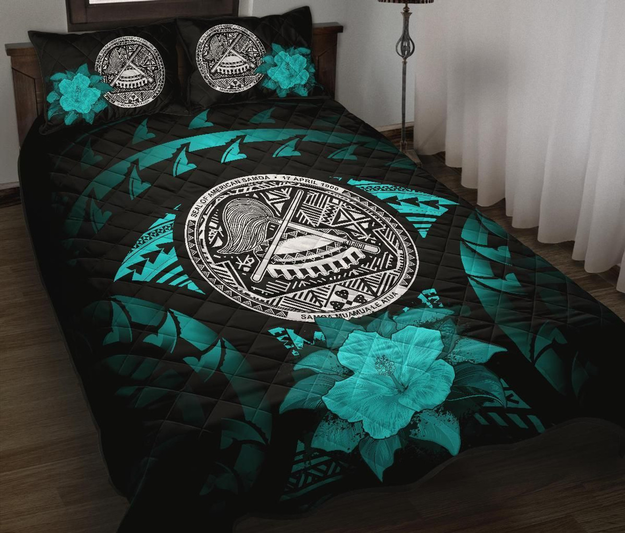 American Samoa Polynesian Quilt Bed Set Hibiscus Turquoise 1