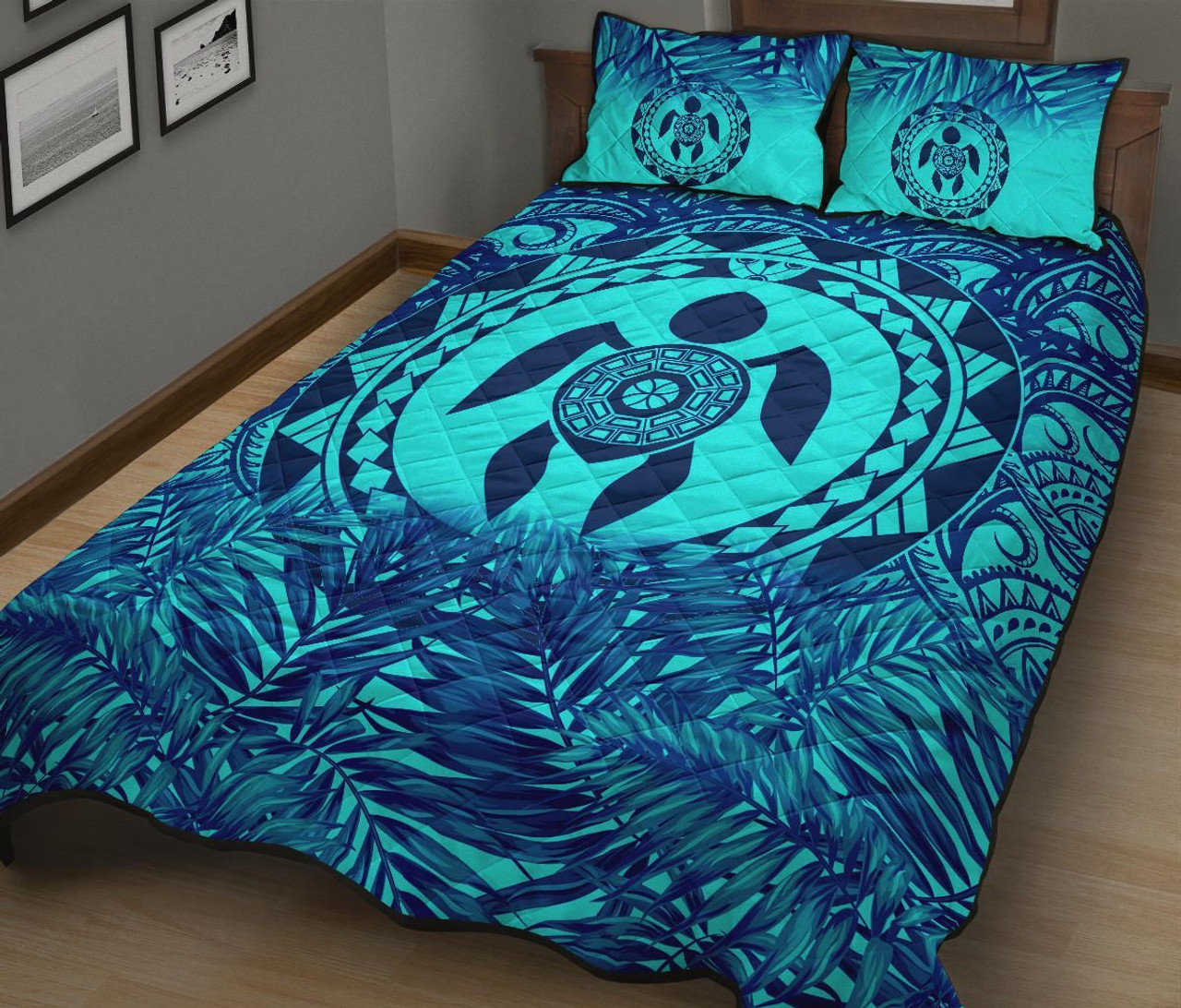 Polynesian Quilt Bed Set - Dark Blue Turtle Palm Torquoise Version 2