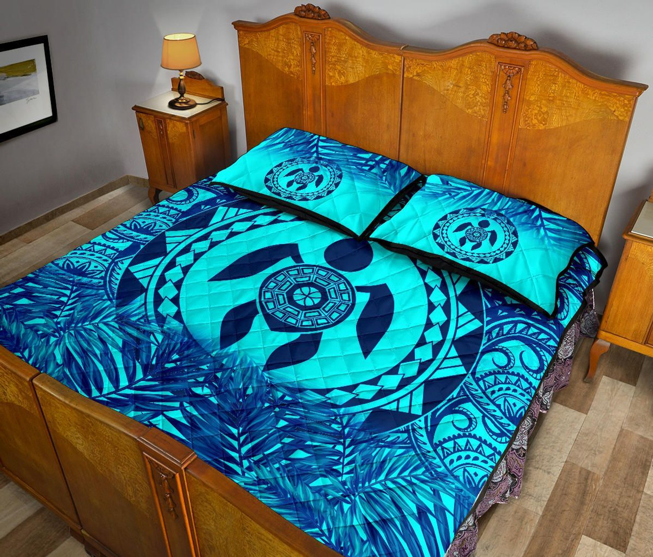 Polynesian Quilt Bed Set - Dark Blue Turtle Palm Torquoise Version 4