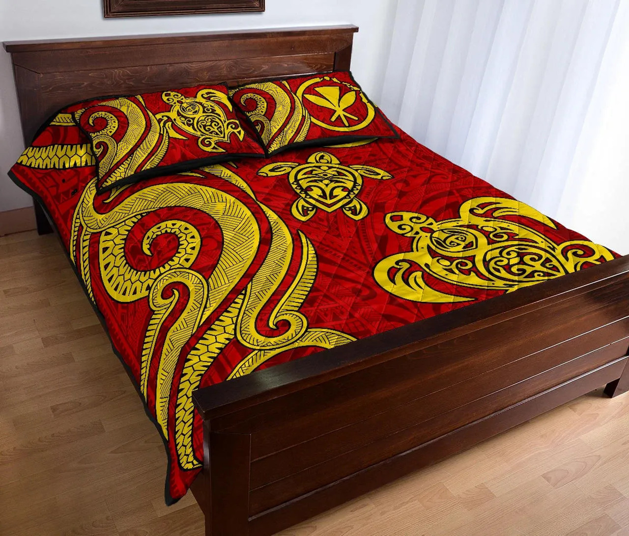 Hawaii Polynesian Quilt Bed Set - Kanaka Maoli Tentacle Turtle Red 3