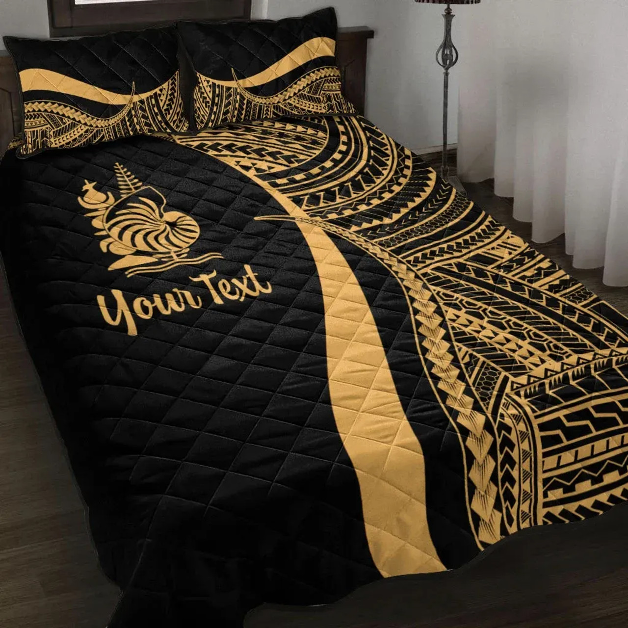 New Caledonia Custom Personalised Quilt Bet Set - Gold Polynesian Tentacle Tribal Pattern 1