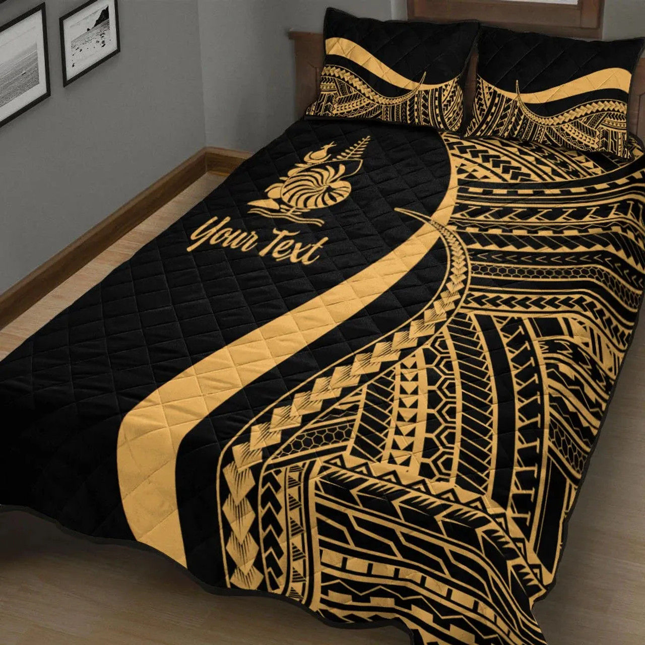 New Caledonia Custom Personalised Quilt Bet Set - Gold Polynesian Tentacle Tribal Pattern 2