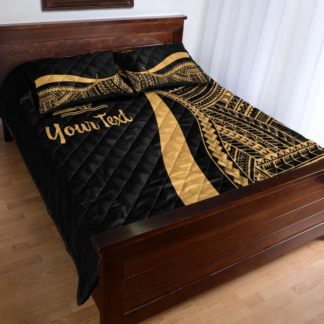 New Caledonia Custom Personalised Quilt Bet Set - Gold Polynesian Tentacle Tribal Pattern 3