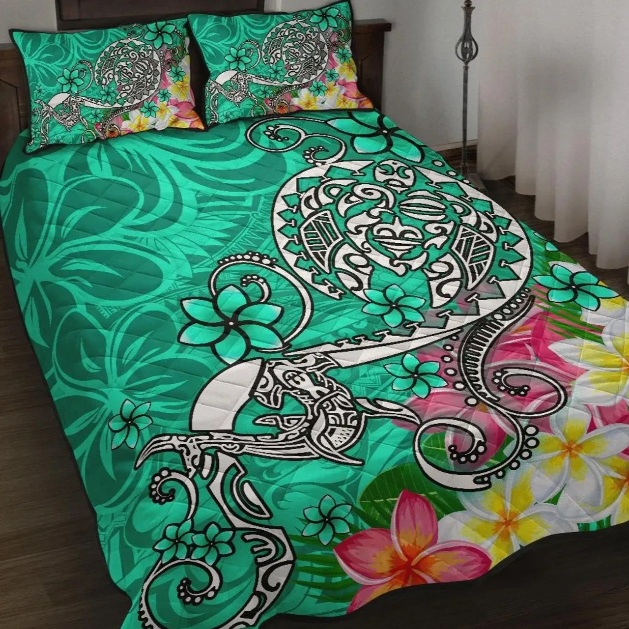 Polynesian Quilt Bed Set - Turtle Plumeria Turquoise Color 1