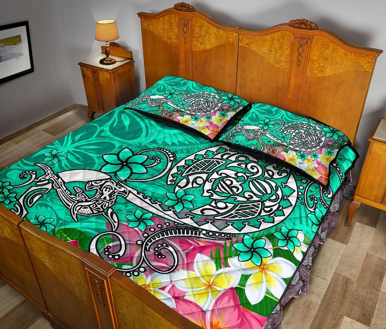 Polynesian Quilt Bed Set - Turtle Plumeria Turquoise Color 4