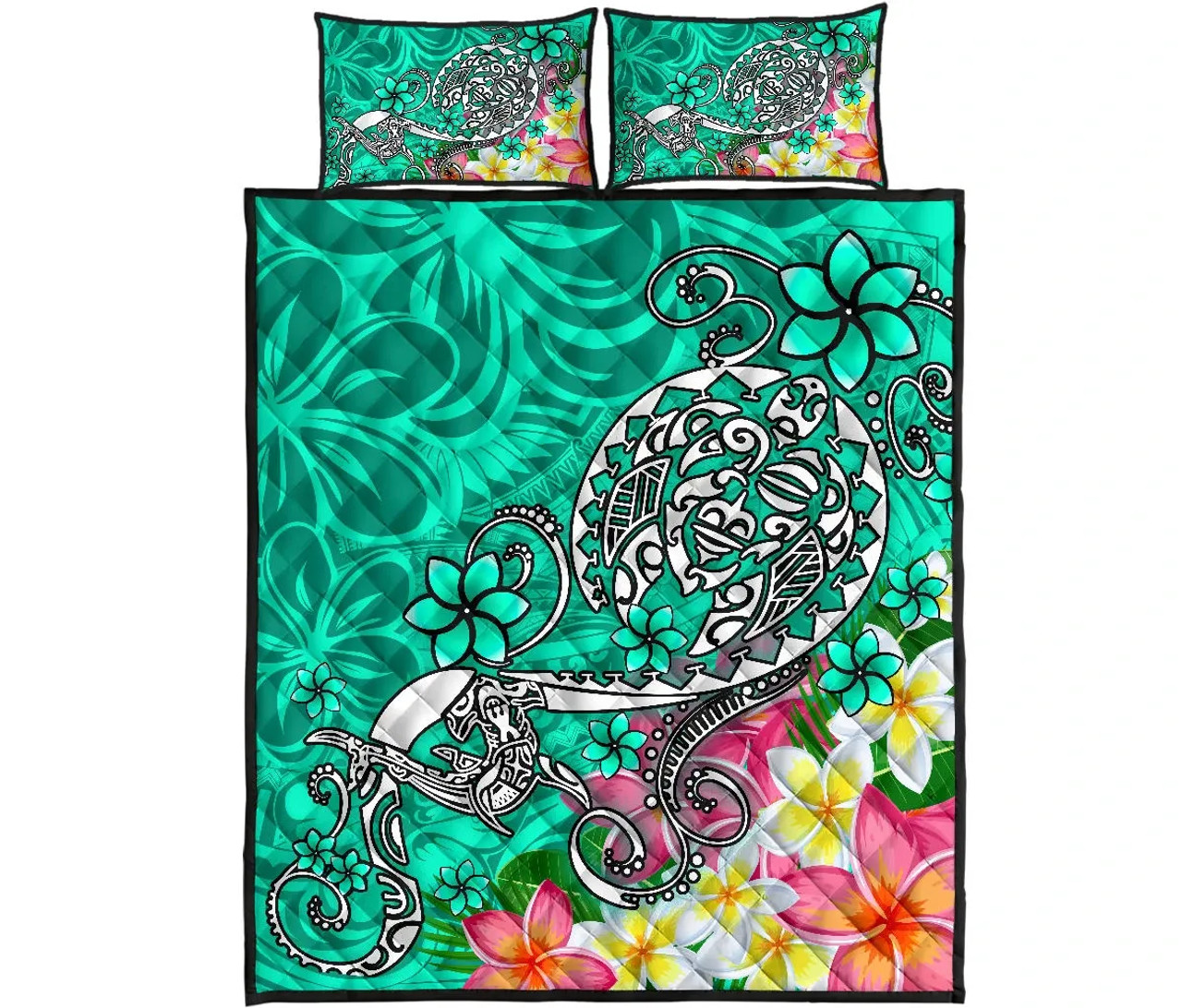 Polynesian Quilt Bed Set - Turtle Plumeria Turquoise Color 5