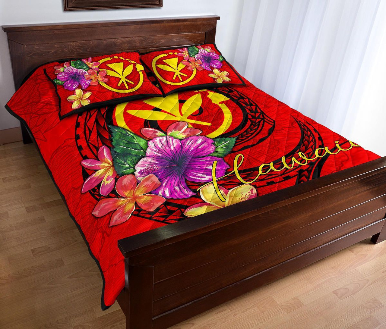 Hawaii Polynesian Quilt Bed Set - Floral With Seal Red 3