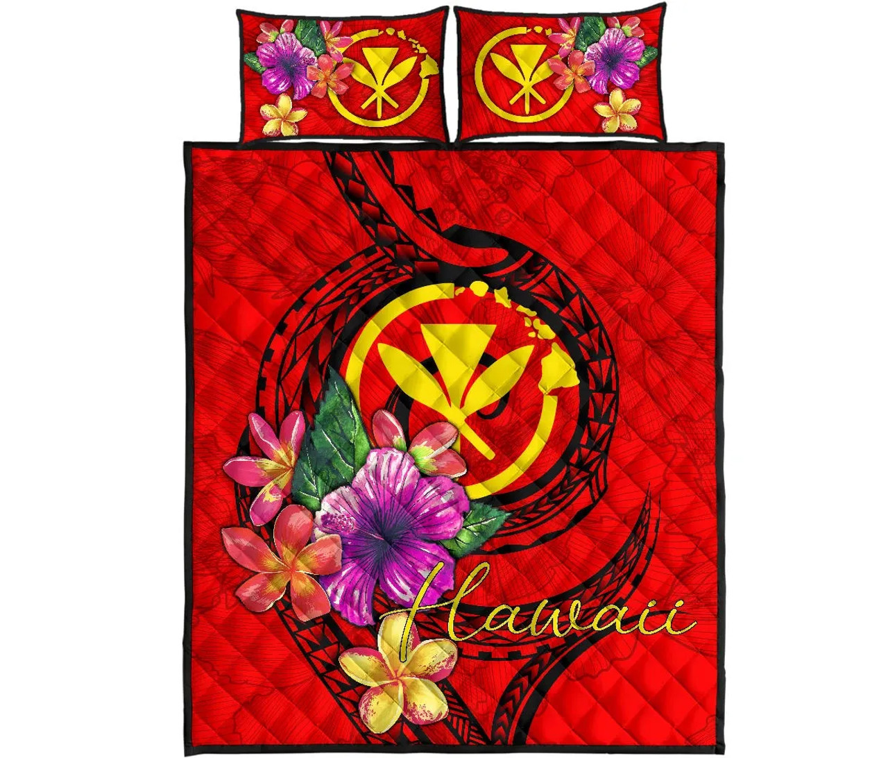 Hawaii Polynesian Quilt Bed Set - Floral With Seal Red 5