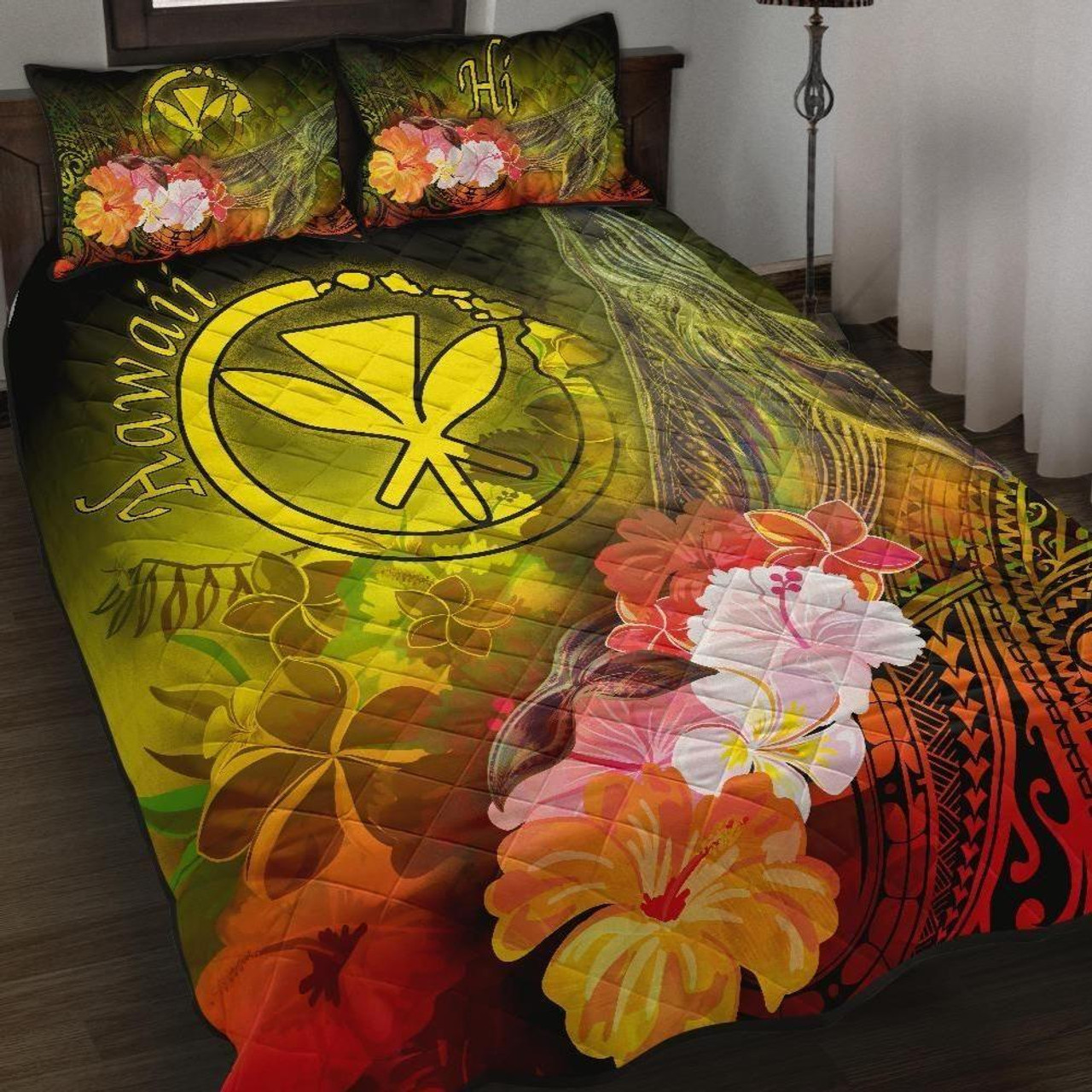 Polynesian Hawaii Quilt Bed Set - Kanaka Maoli Humpback Whale with Tropical Flowers (Yellow) 1