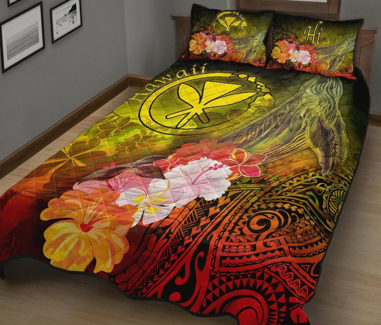 Polynesian Hawaii Quilt Bed Set - Kanaka Maoli Humpback Whale with Tropical Flowers (Yellow) 2