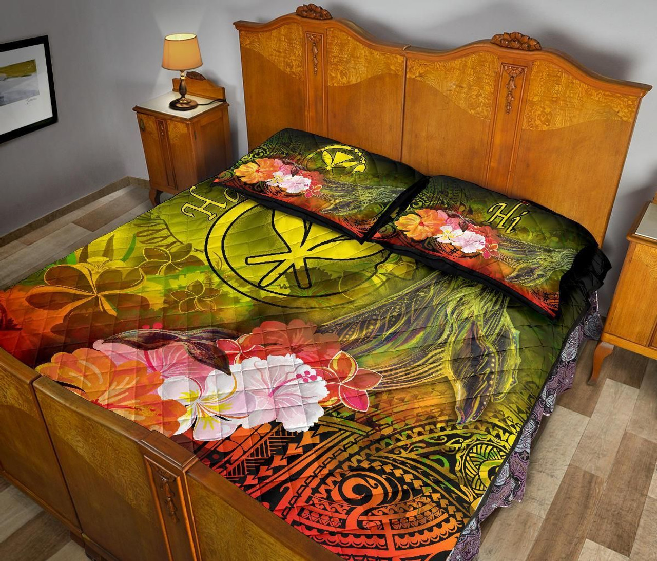 Polynesian Hawaii Quilt Bed Set - Kanaka Maoli Humpback Whale with Tropical Flowers (Yellow) 4