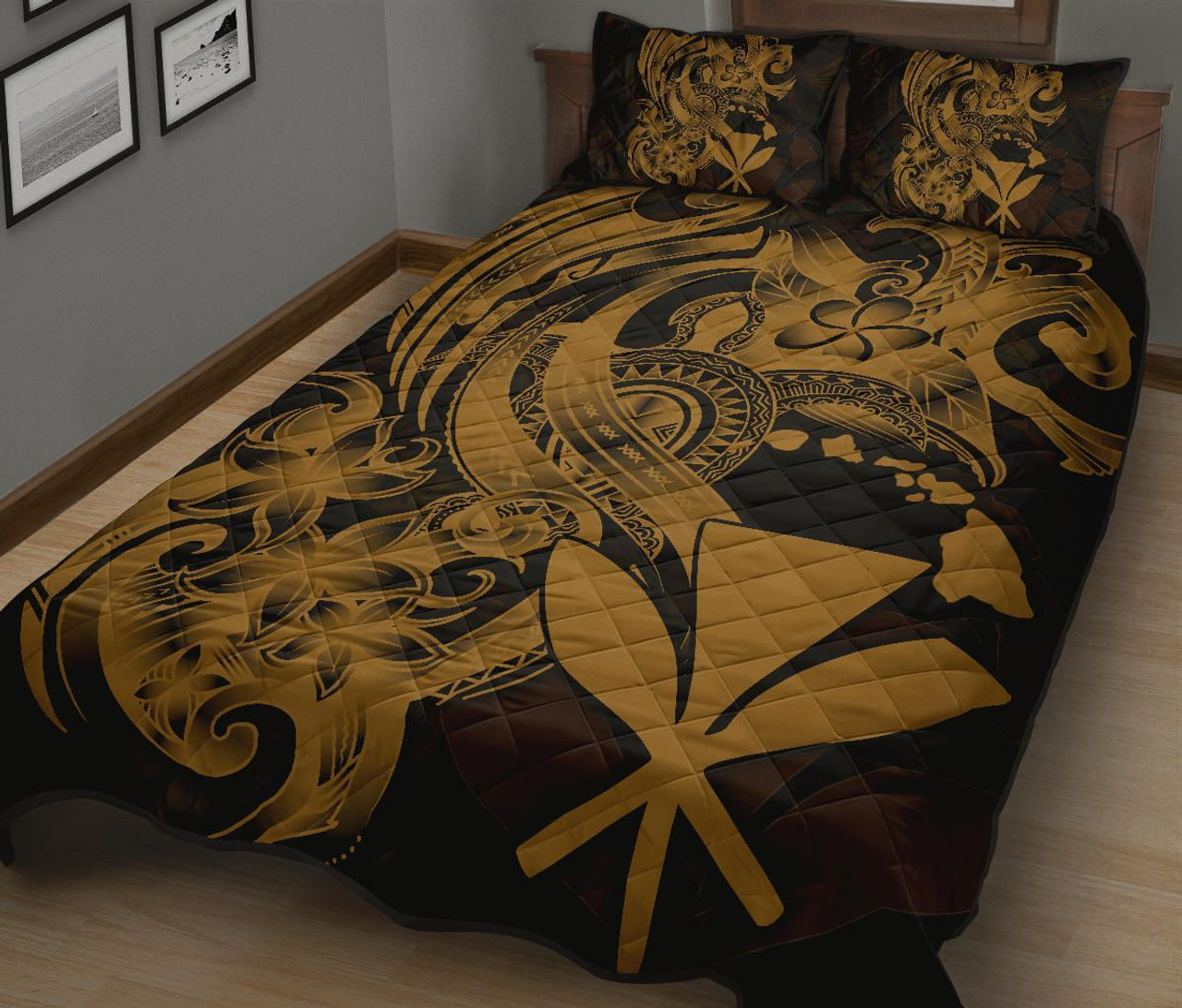 Hawaii Polynesian Quilt Bed Set - Gold Kanaka Maoli Tentacle Plumeria 2