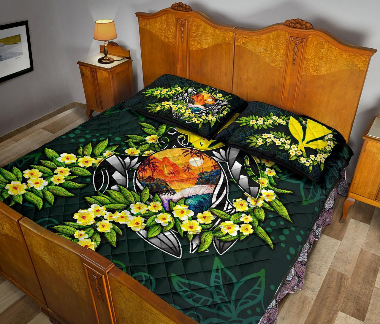 Polynesian Hawaii Quilt Bed Set - Ti Leaf Lei Turtle