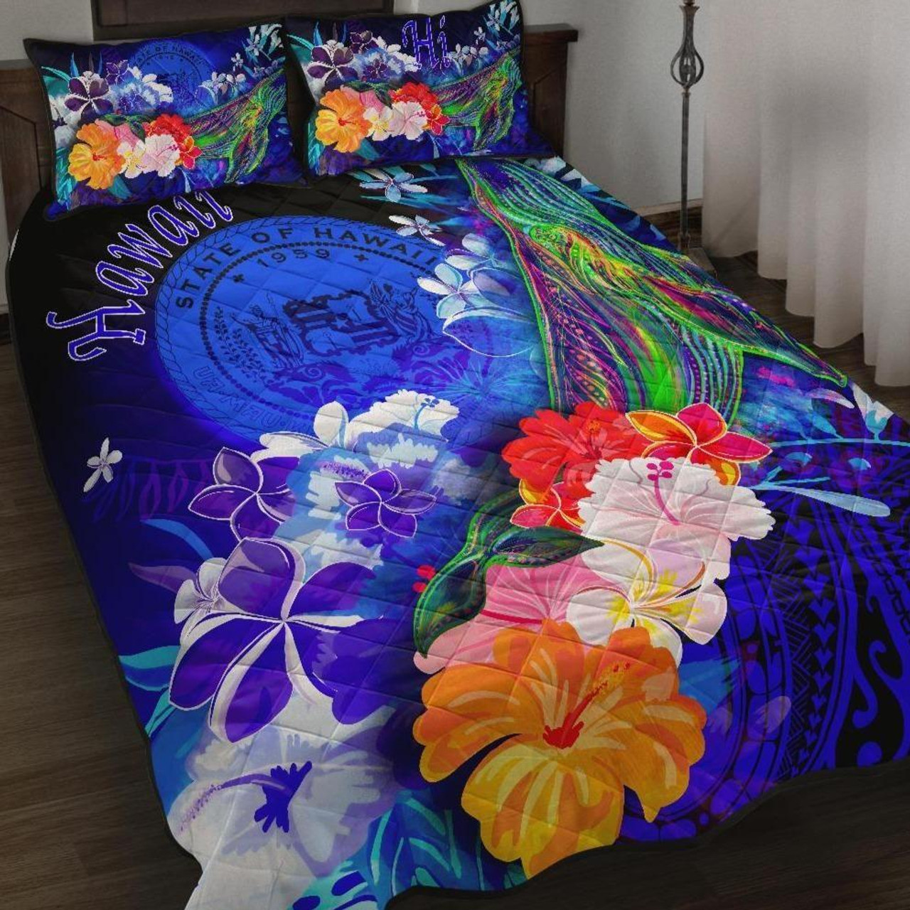 Polynesian Hawaii Quilt Bed Set - Humpback Whale with Tropical Flowers (Blue) 1