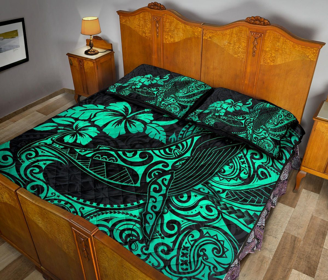 Polynesian Hawaii Quilt Bed Set - Polynesian Turquoise Humpback Whale