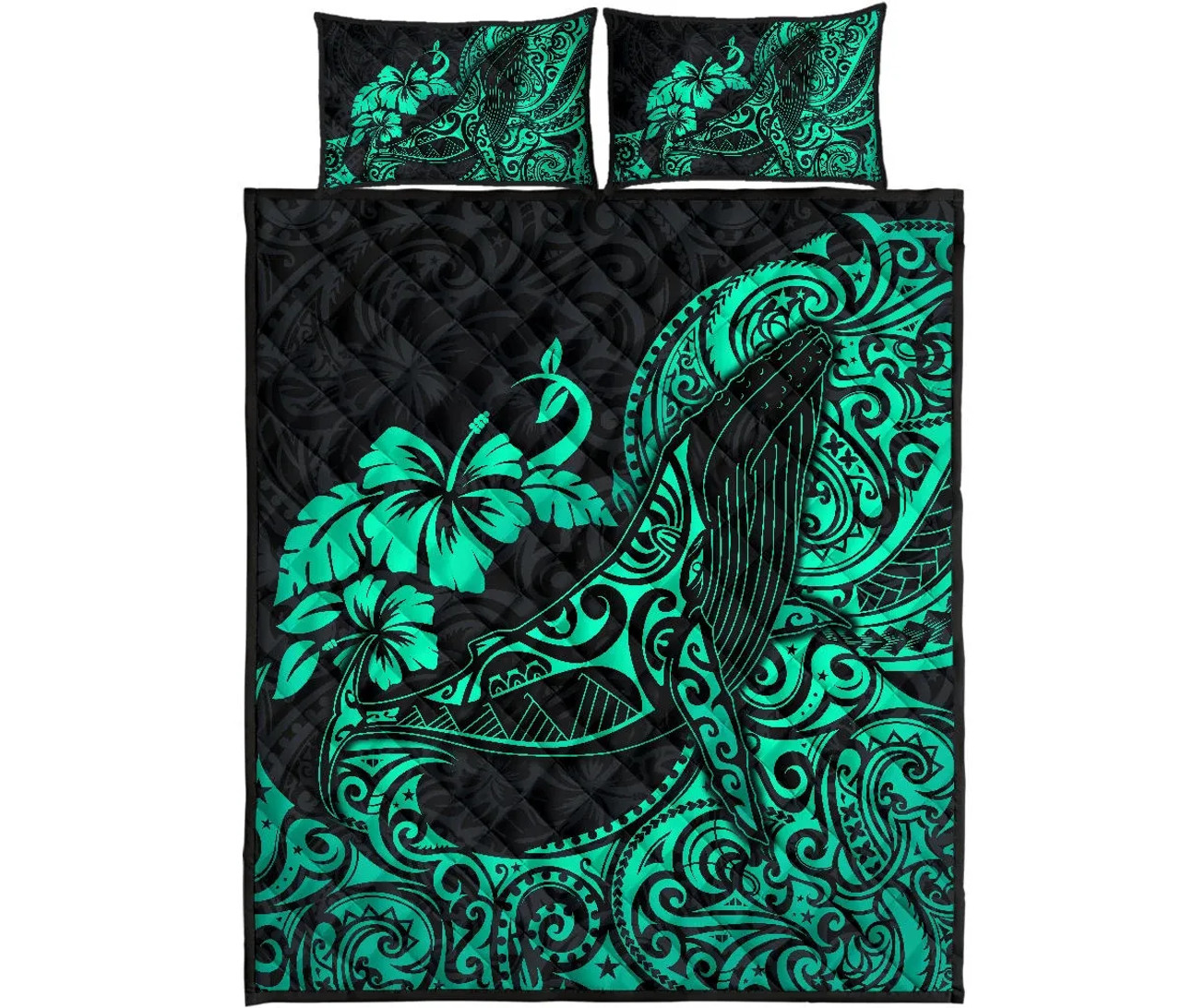 Polynesian Hawaii Quilt Bed Set - Polynesian Turquoise Humpback Whale 5