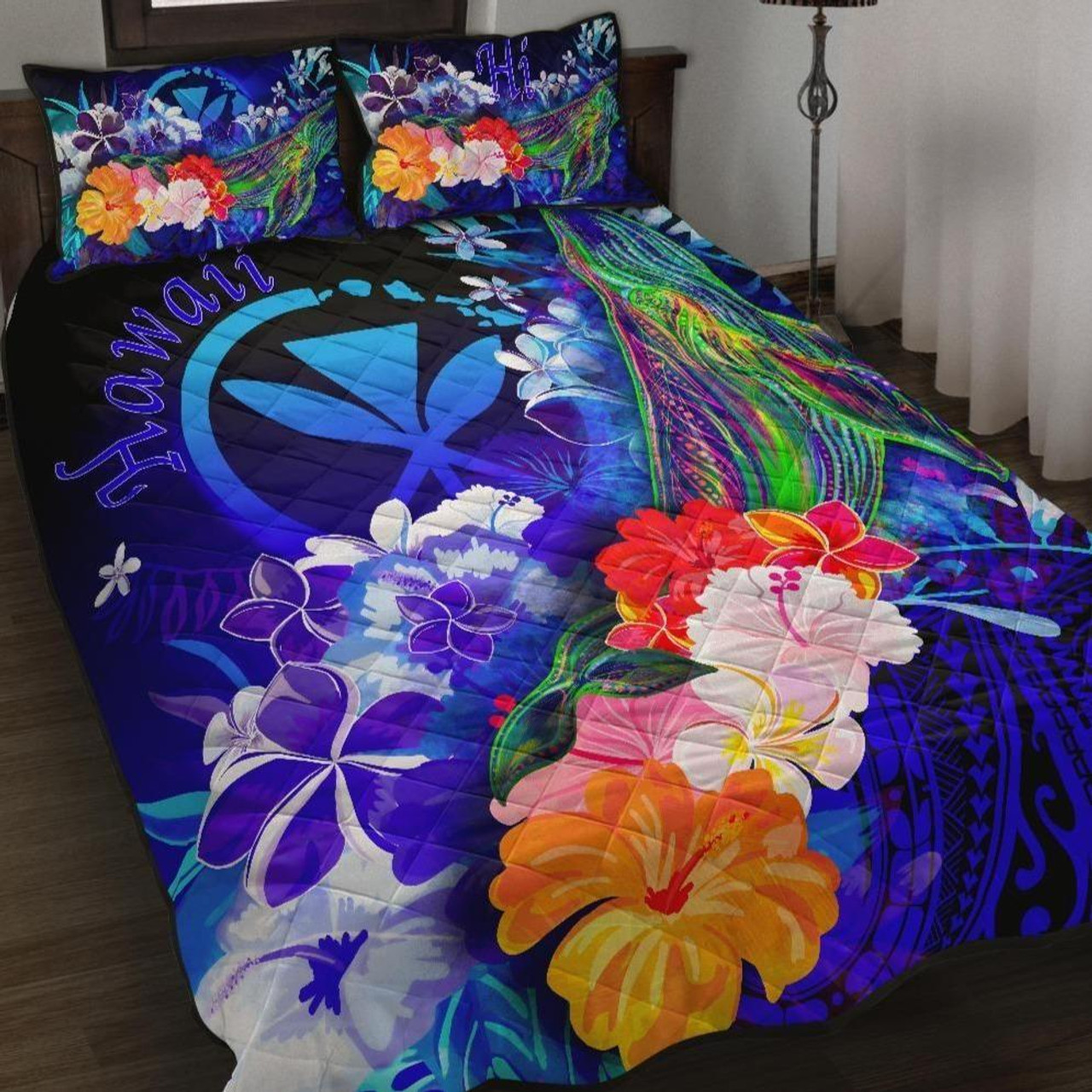 Polynesian Hawaii Quilt Bed Set - Kanaka Maoli Humpback Whale with Tropical Flowers (Blue) 1