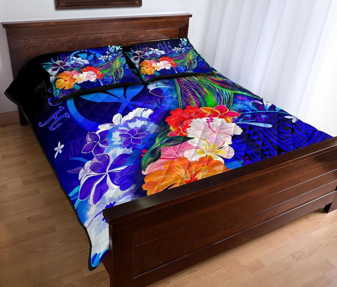 Polynesian Hawaii Quilt Bed Set - Kanaka Maoli Humpback Whale with Tropical Flowers (Blue) 3