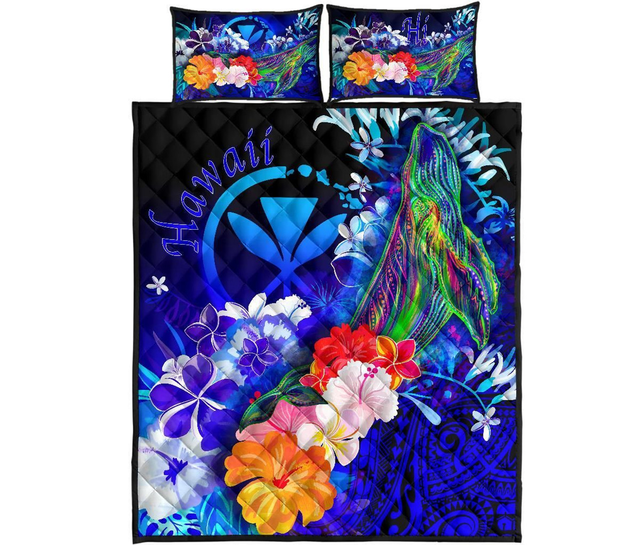 Polynesian Hawaii Quilt Bed Set - Kanaka Maoli Humpback Whale with Tropical Flowers (Blue) 5