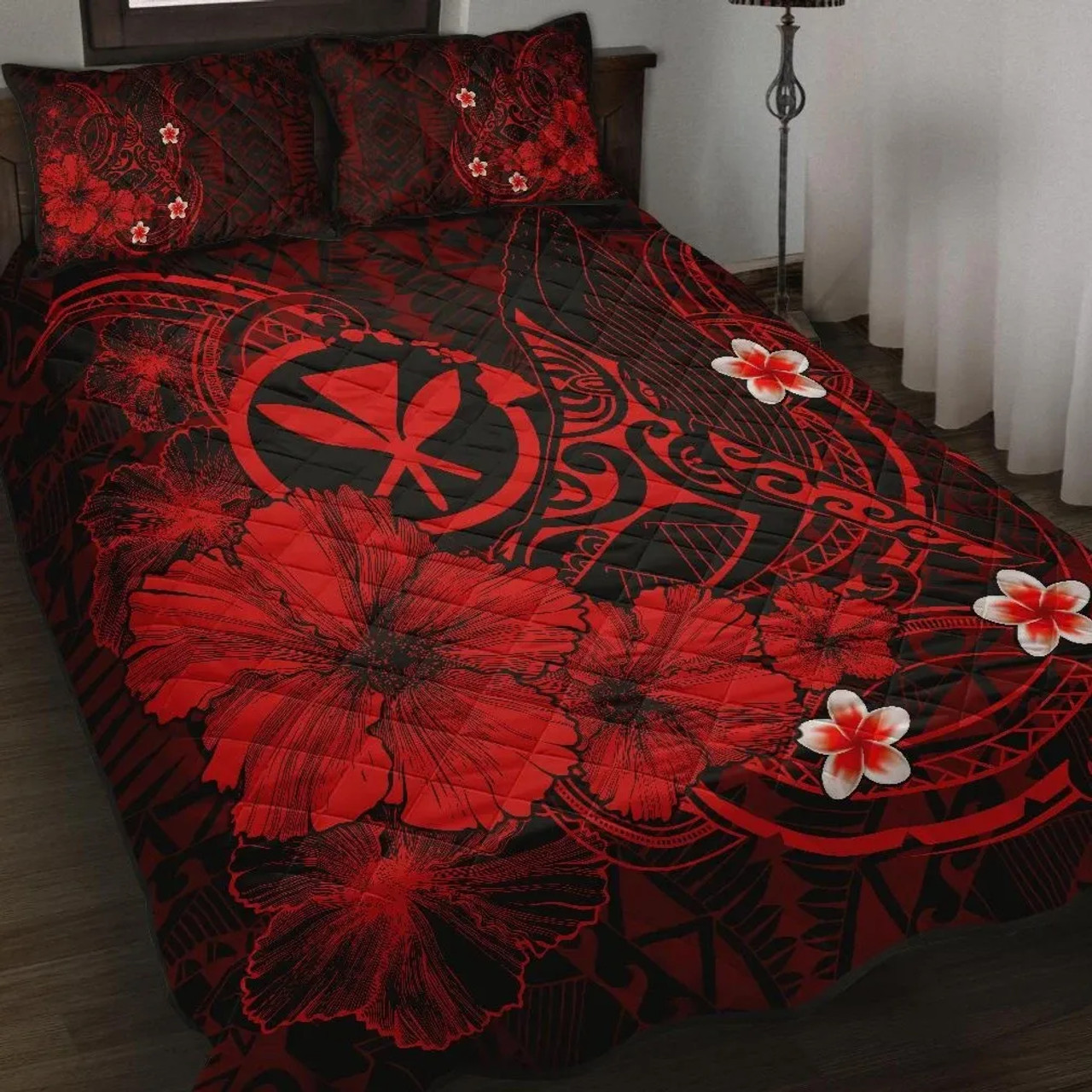 Polynesian Hawaii Kanaka Maoli Quilt Bed Set - Humpback Whale with Hibiscus (Red) 1