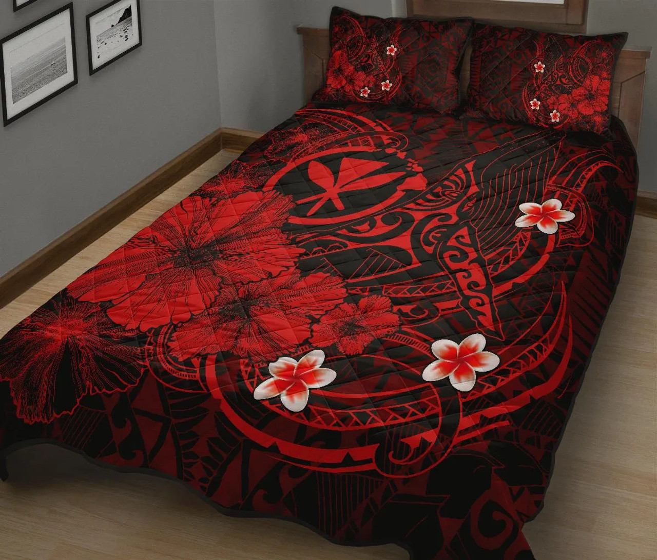 Polynesian Hawaii Kanaka Maoli Quilt Bed Set - Humpback Whale with Hibiscus (Red) 2