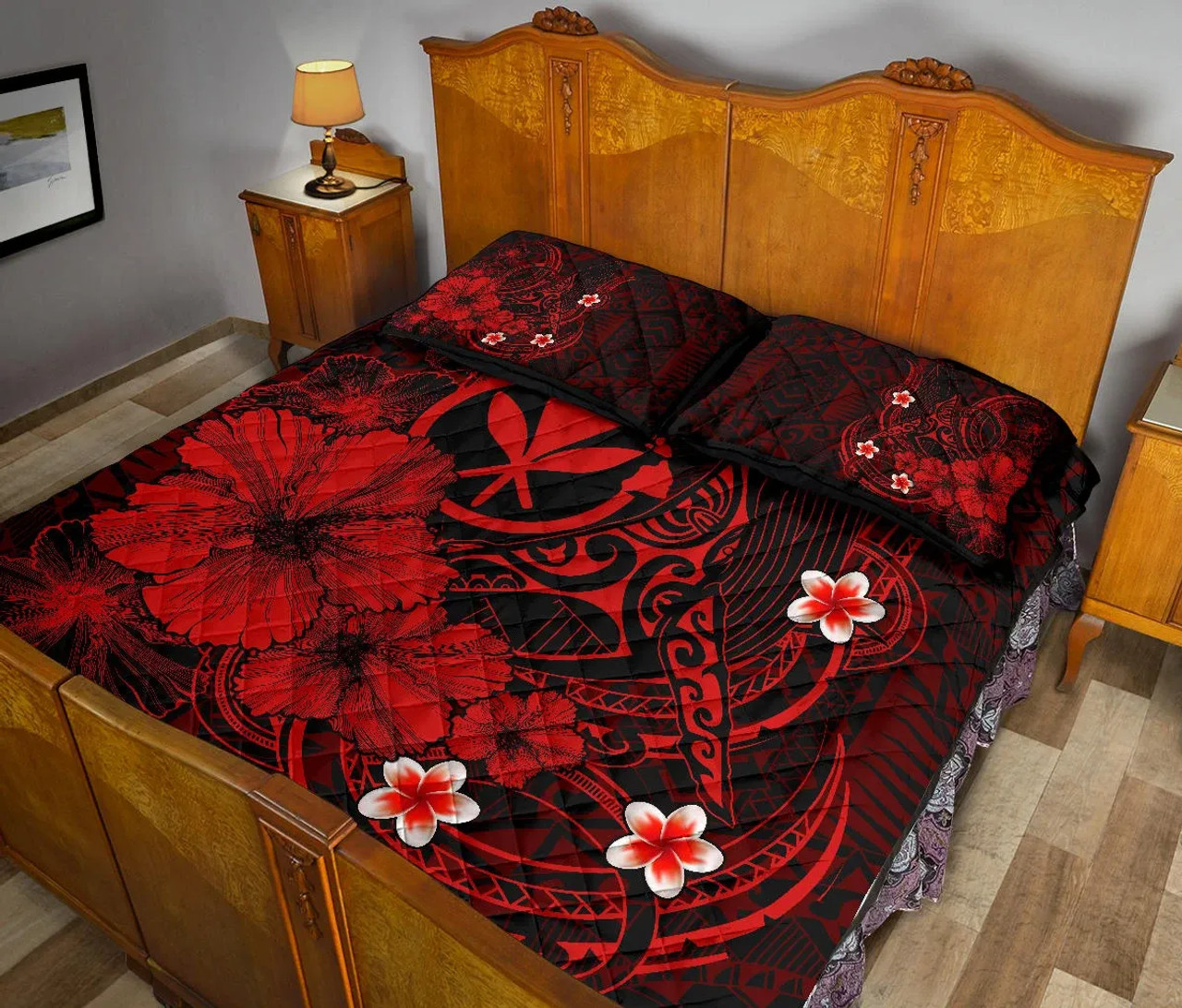 Polynesian Hawaii Kanaka Maoli Quilt Bed Set - Humpback Whale with Hibiscus (Red) 4