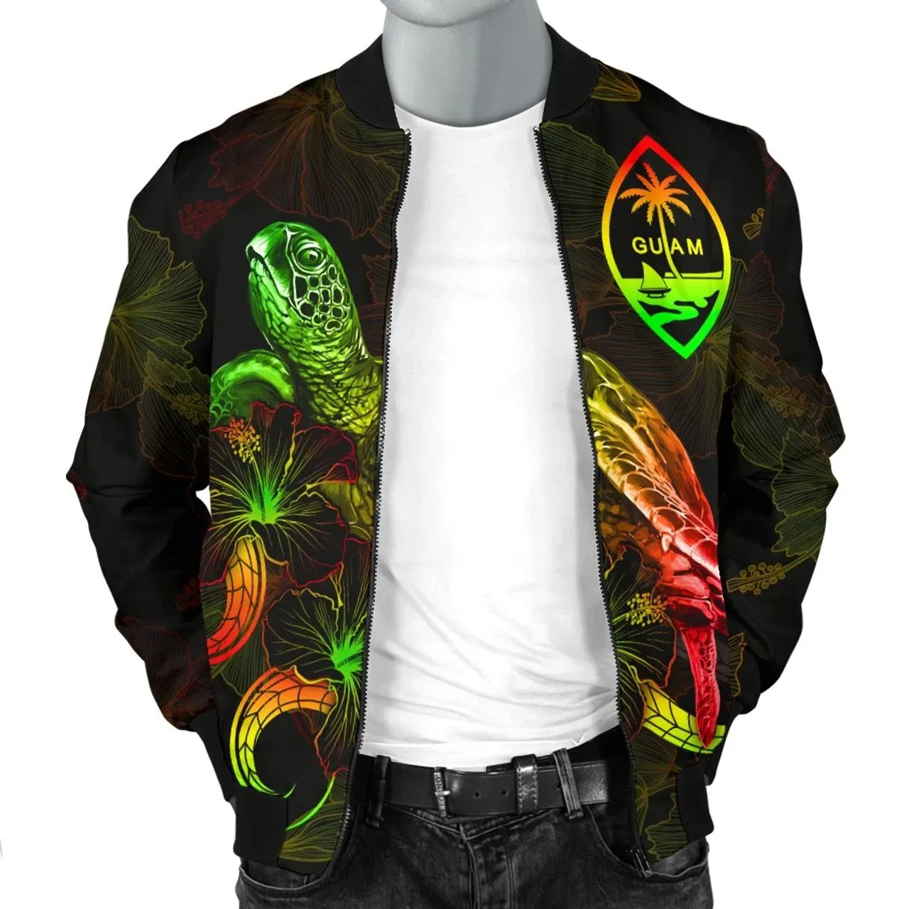 Guam Polynesian Bomber Jacket - Turtle With Blooming Hibiscus Reggae 3