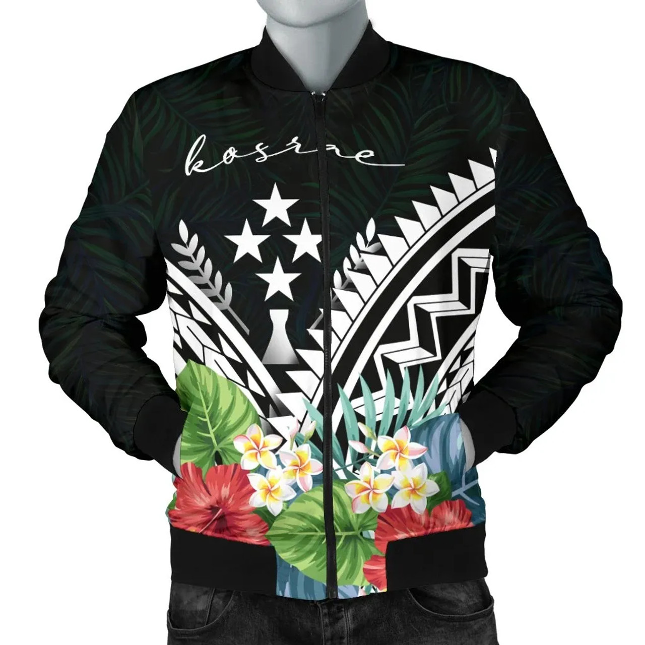 Kosrae Bomber Jacket - Kosrae Coat of Arms & Polynesian Tropical Flowers White 1