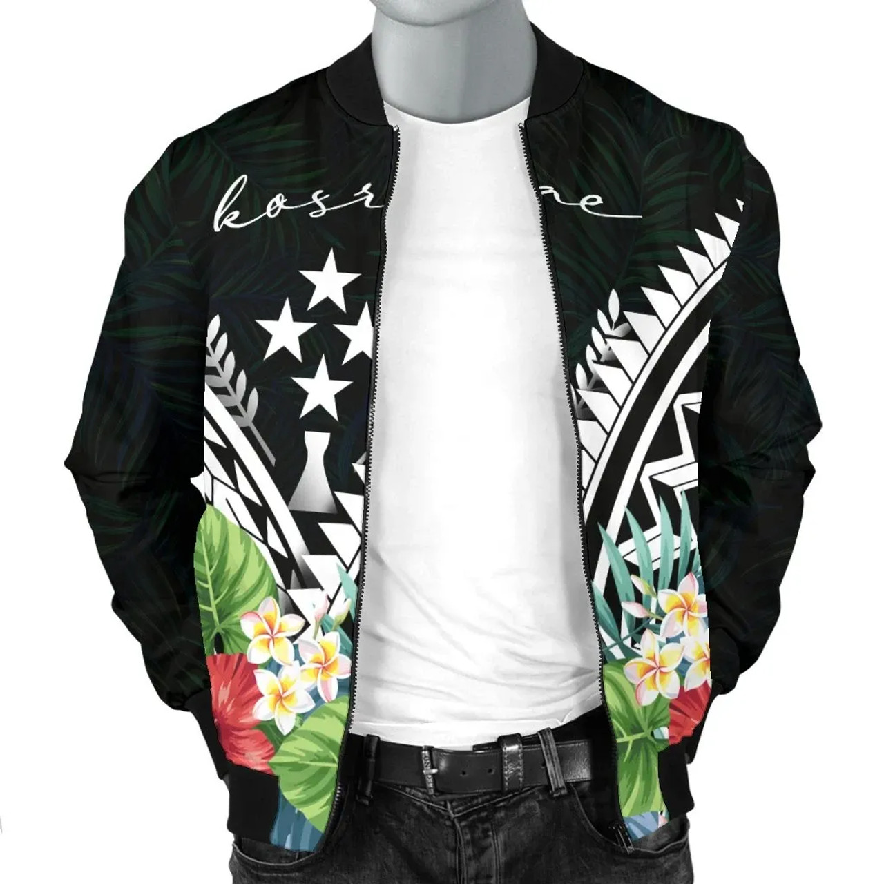 Kosrae Bomber Jacket - Kosrae Coat of Arms & Polynesian Tropical Flowers White 3