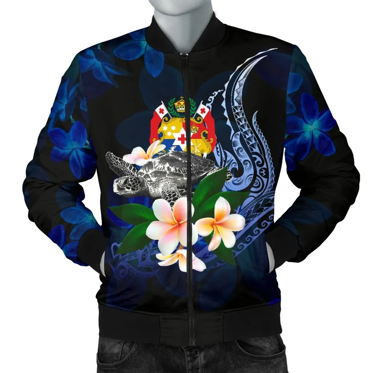 Tonga Polynesian Bomber Jacket - Turtle With Plumeria Flowers 1