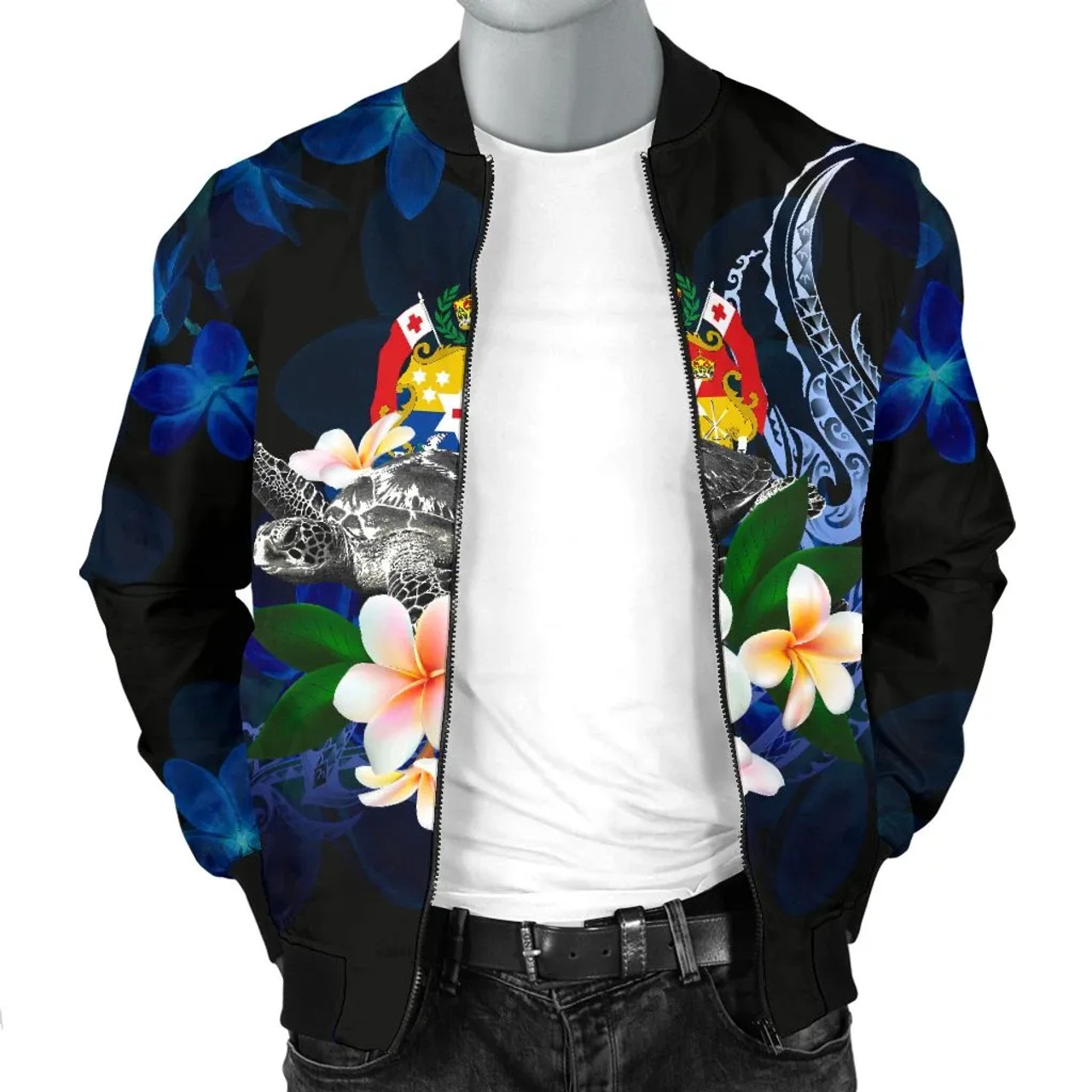 Tonga Polynesian Bomber Jacket - Turtle With Plumeria Flowers 3