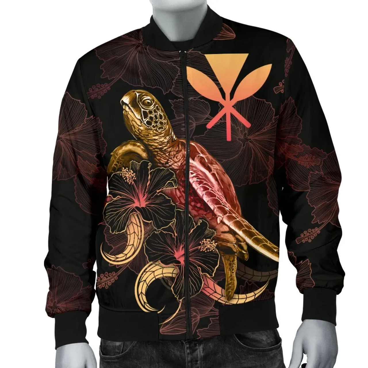Hawaii Polynesian Bomber Jacket - Turtle With Blooming Hibiscus Gold 4