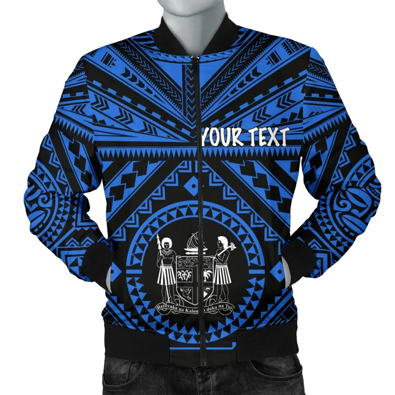 Fiji Personalised Bomber Jacket - Fiji Seal With Polynesian Tattoo Style (Blue) 1