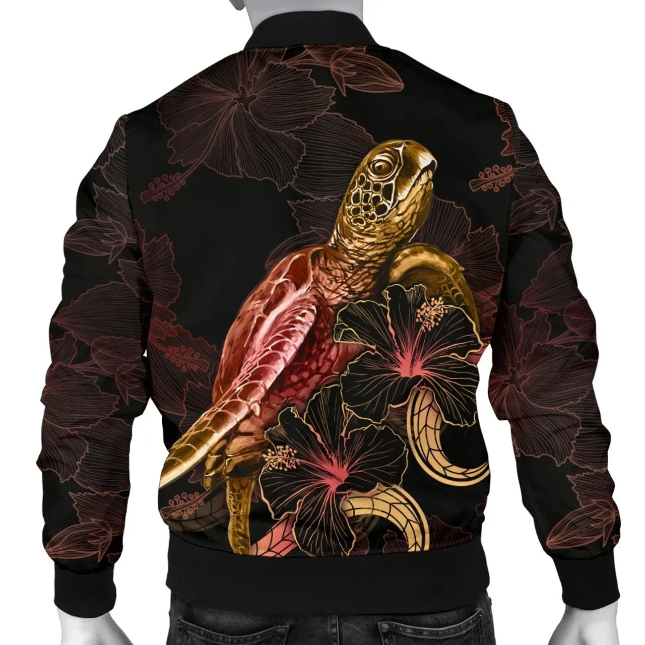 Tonga Polynesian Bomber Jacket - Turtle With Blooming Hibiscus Gold 2