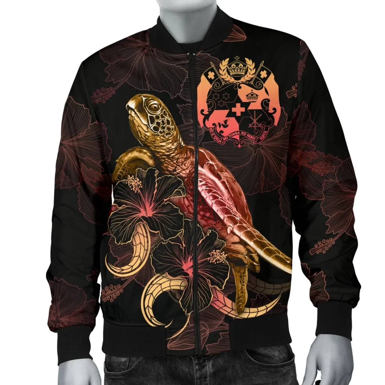 Tonga Polynesian Bomber Jacket - Turtle With Blooming Hibiscus Gold 4