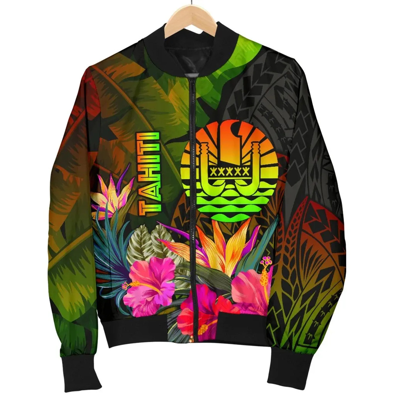 Tahiti Polynesian Bomber Jacket - Hibiscus and Banana Leaves 5