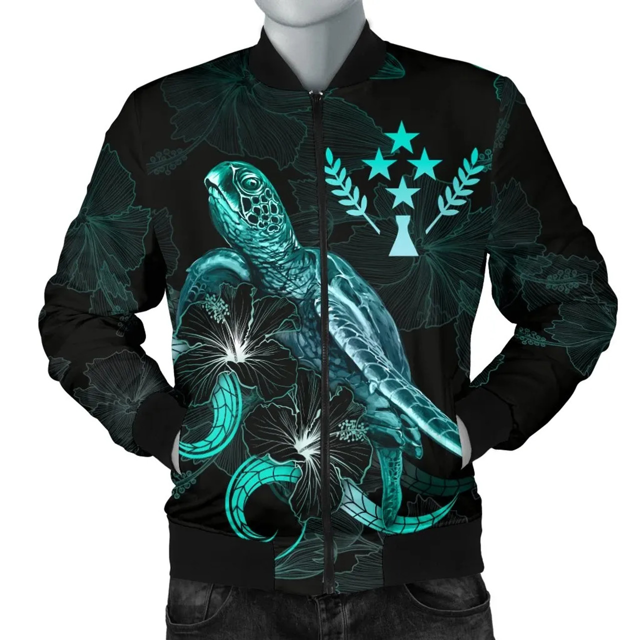 Kosrae Polynesian Bomber Jacket - Turtle With Blooming Hibiscus Turquoise 1