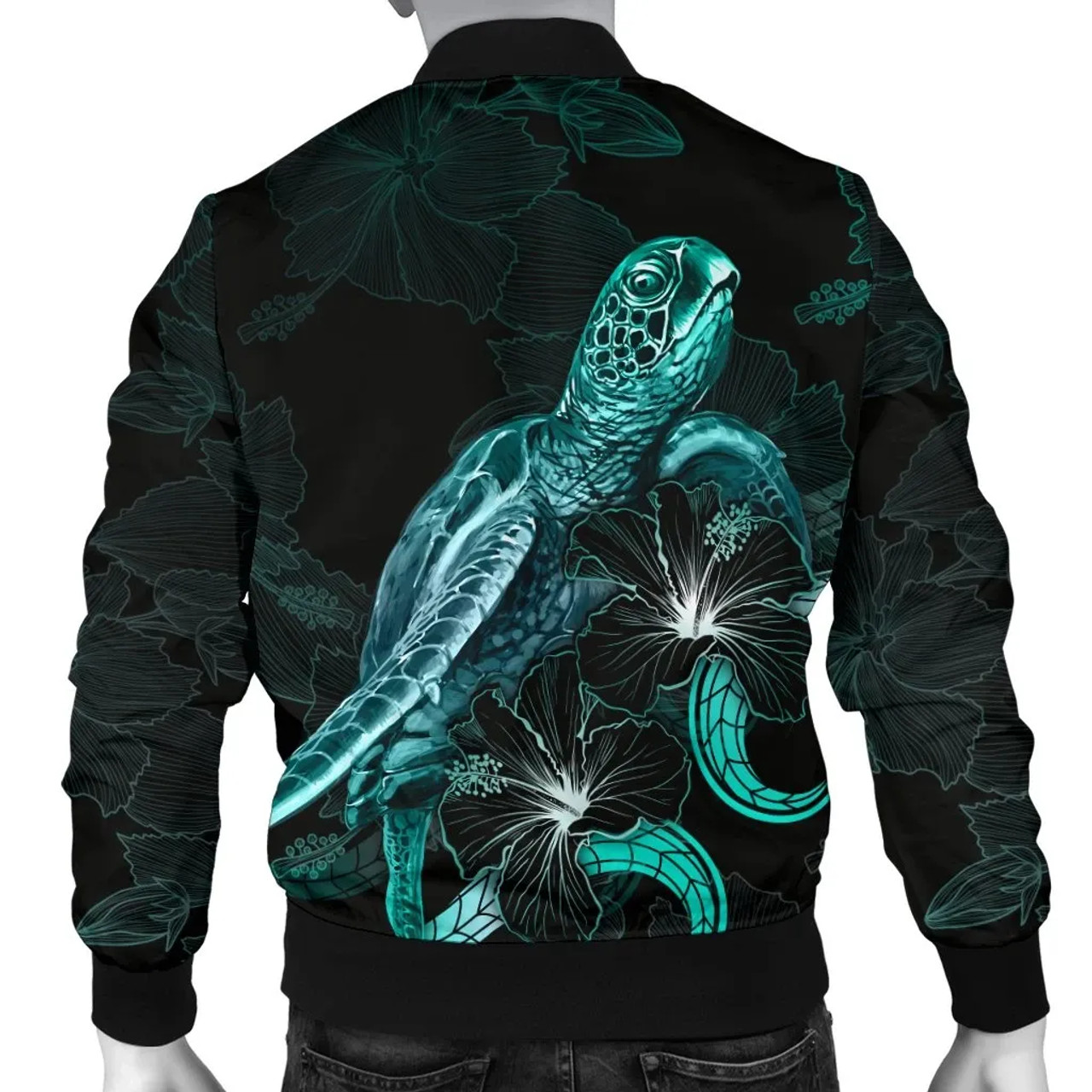 Kosrae Polynesian Bomber Jacket - Turtle With Blooming Hibiscus Turquoise 2