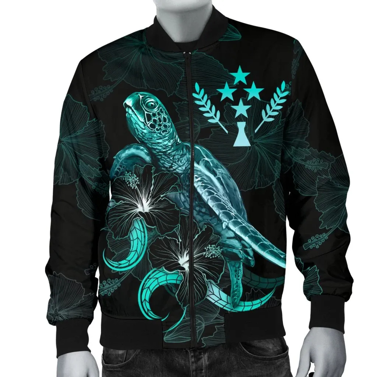 Kosrae Polynesian Bomber Jacket - Turtle With Blooming Hibiscus Turquoise 4