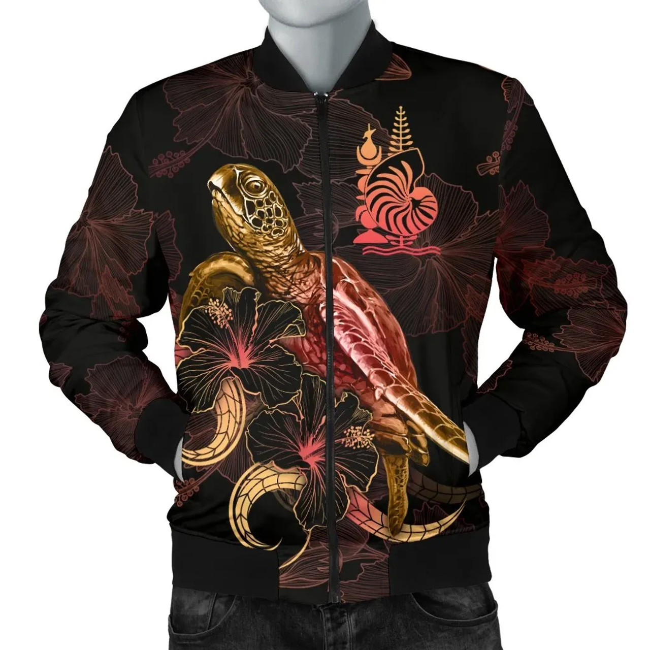 New Caledonia Polynesian Bomber Jacket - Turtle With Blooming Hibiscus Gold 1